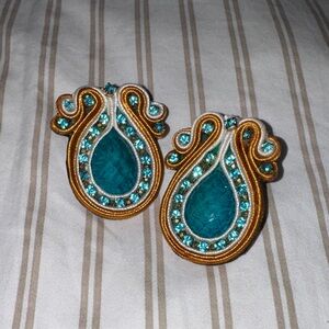 Agua Bendita Teal and Gold Statement Earrings